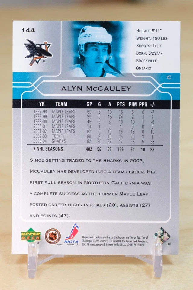 2004-05 Upper Deck Base #144 Alyn McCauley - San Jose Sharks - Image 2 of 2