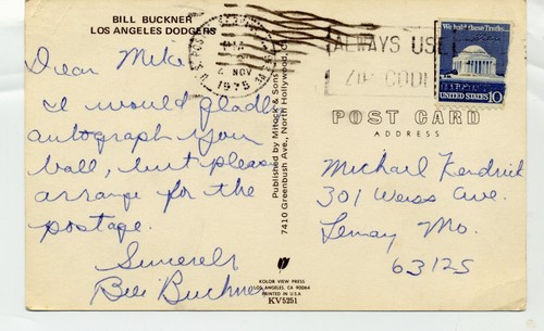 Bill Buckner L.A. Dodgers hand written autographed Post Card Postmarked 1975 . - Picture 2 of 2