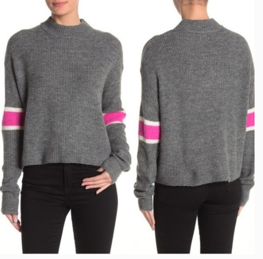 John Jenn NWT Varsity Stripe Sweater Large Slate Blue Mock Neck