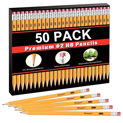 Pencils #2 Pre-Sharpened HB with Top Erasers 50 Pack School Office Supply