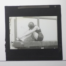 MAGIC LANTERN SLIDE VICTORIAN BATHER SWIMMING IN SEA WITH CHANGING HUT