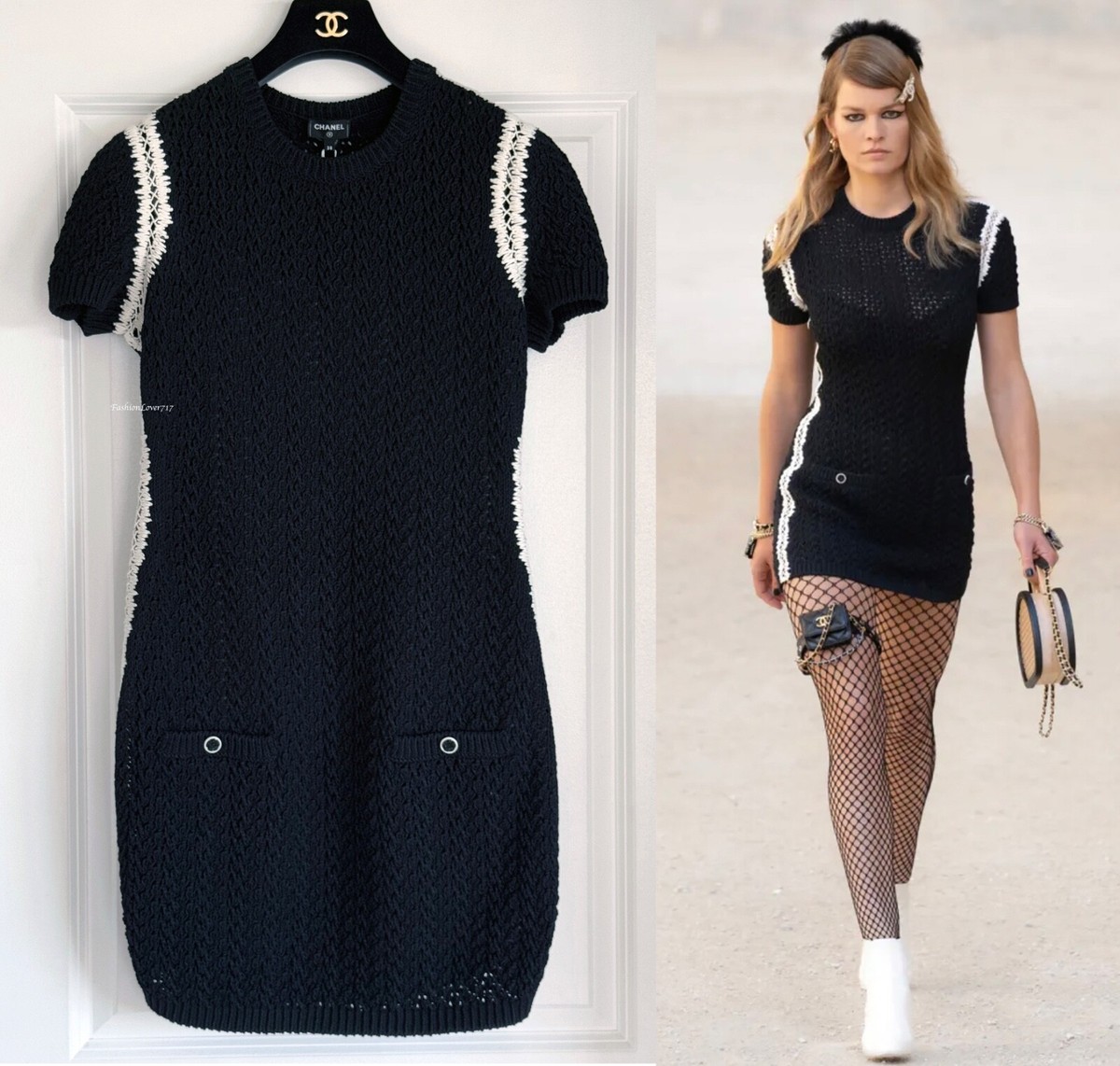 NWT $4050 CHANEL 22C BLACK ECRU SHORT SLEEVE RUNWAY MINI DRESS 38