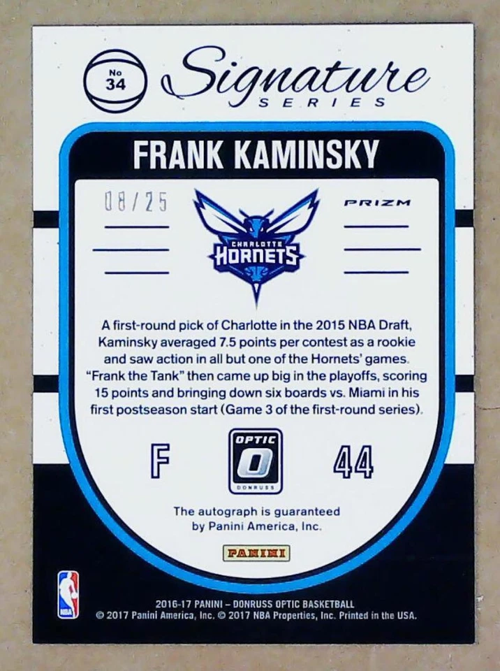 2016-17 Donruss Optic 签名系列 Frank Kaminsky 签名亲笔签名 8/25 大黄蜂 — 第 2/2 张图片