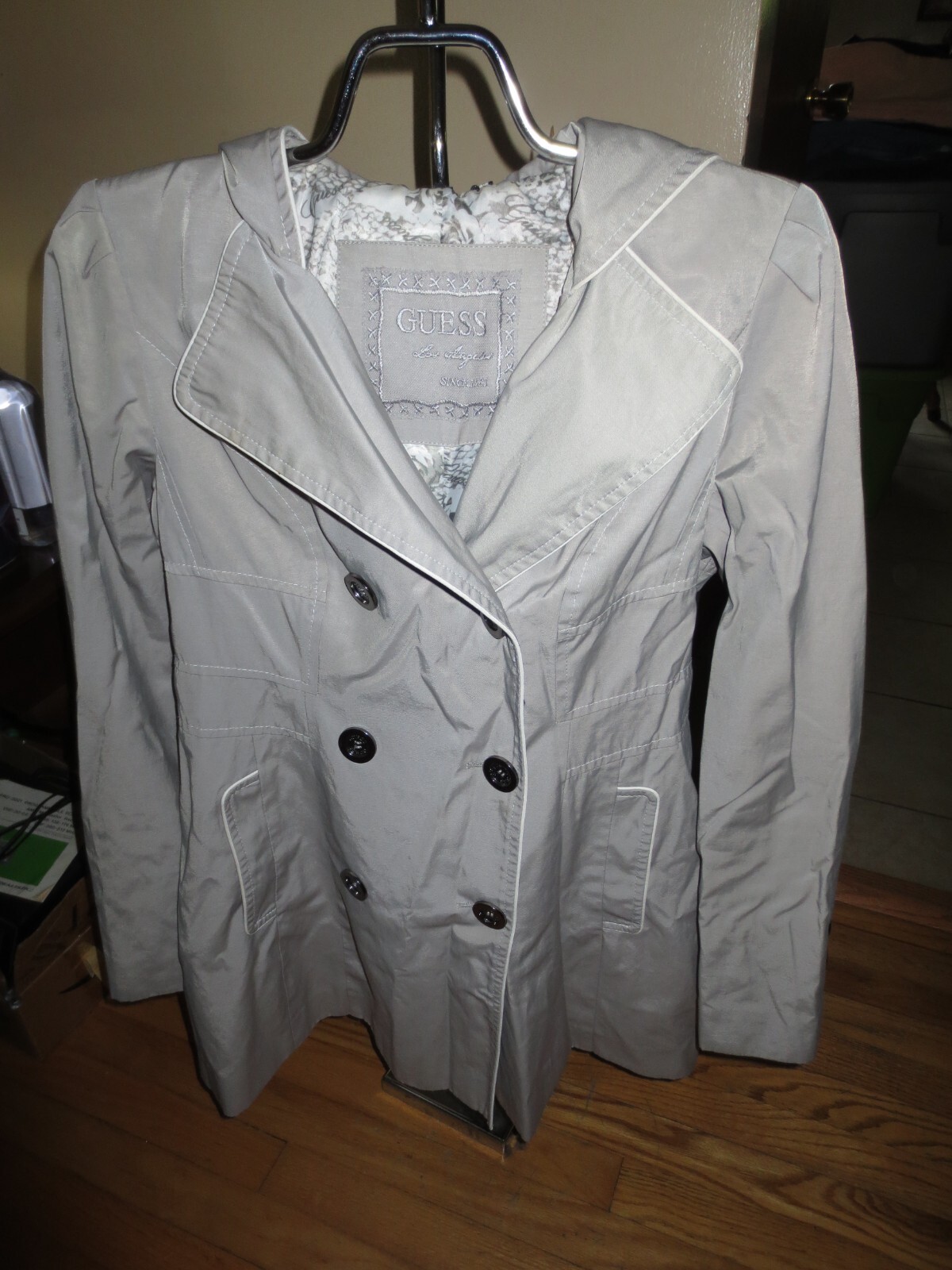 Women's Guess Taupe Button Hooded Trench Jacket Lined… Gem