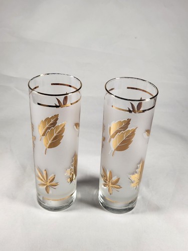 VINTAGE LIBBEY GOLD LEAF DESIGN 2 TOM COLLINS FROSTED GLASSES 7 " TALL.