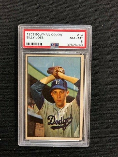 1953 Bowman Color Baseball Billy Loes Brooklyn Dodgers Card #14 PSA 8