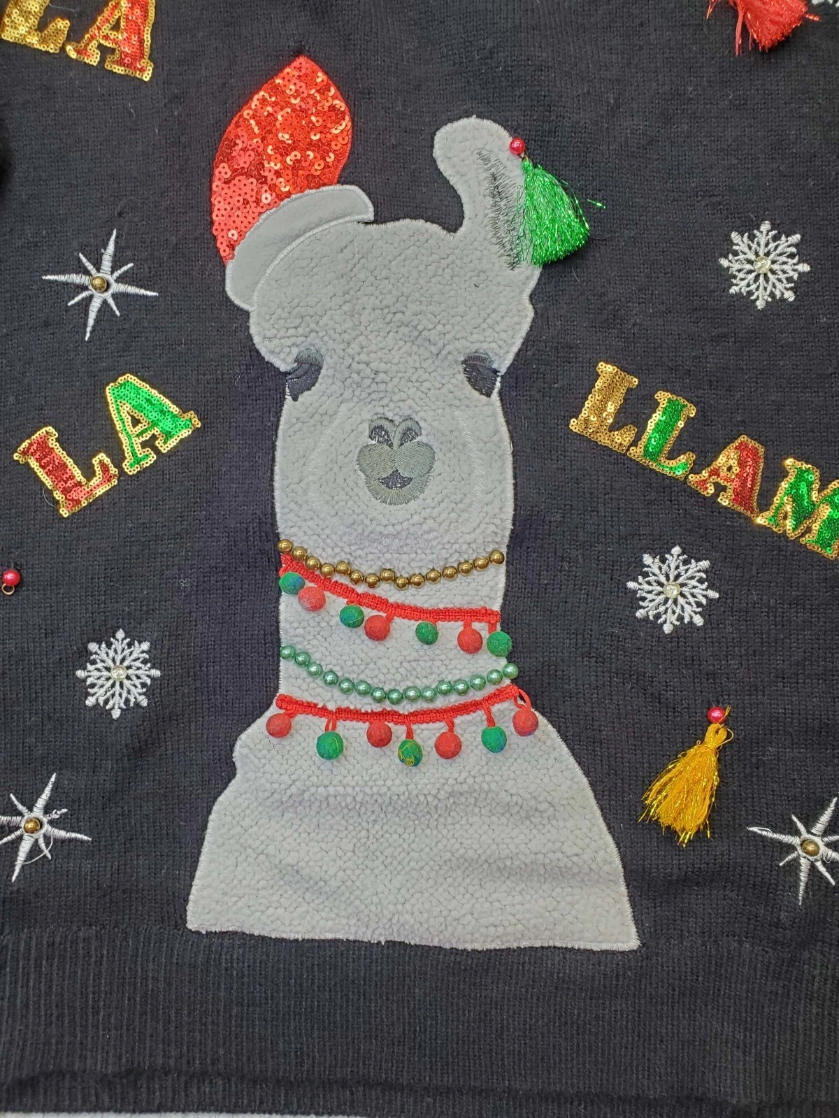 Ugly Christmas Sweater Womens Multi Llama Tassels Embroidered Beaded Sequin Slit