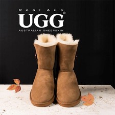 Ugg Real Aus 100% Australian Sheepskin Wool Women Short One Button Boot Chestnut