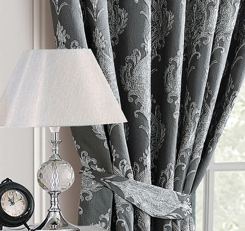 New Luxury Jacquard Curtains Ready Made Fully Lined Ring Top Eyelet Pair Tieback - Picture 5 of 7