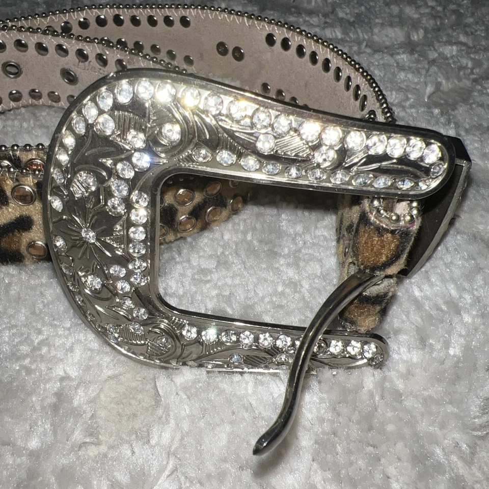 Leopard Print Western Belt Heart Rhinestones Leather Size 36 Silver Buckle - Image 2 of 4