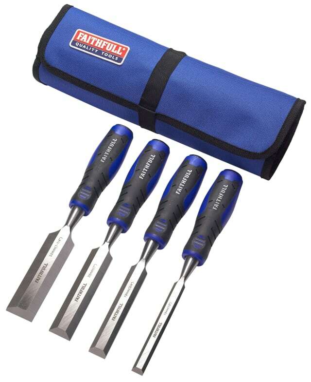 Faithfull 4 Pc Wood Chisel Set with Striking Caps And Storage Roll 13 19 25 32mm
