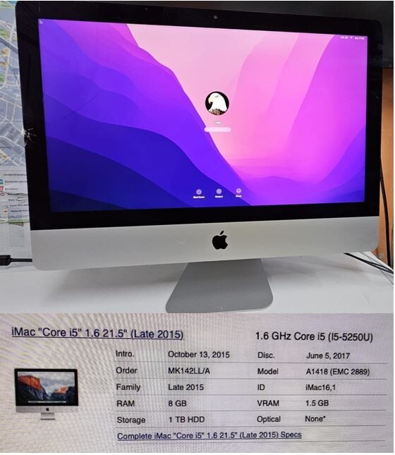 APPLE IMAC LATE 2015 A1418 EMC 2889 INTEL I5-5250U 8GB RAM