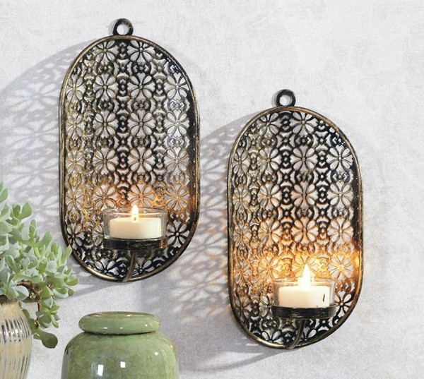 2Er Set Wandkerzenhalter Wanddekoration Teelichthalter Kerzenhalter Metall Glas-image