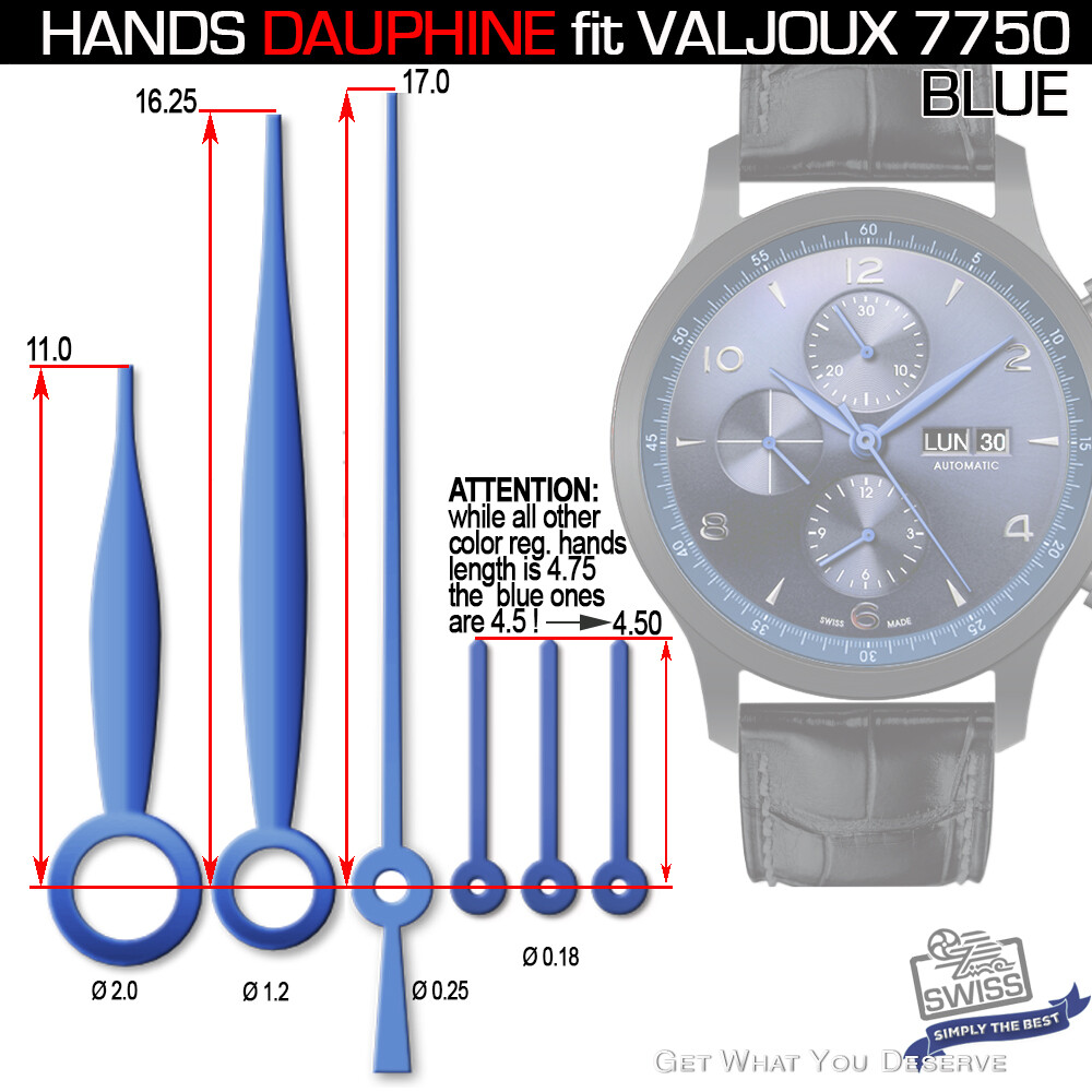 NOS Watch Hands Set For ETA Valjoux 7750 Movement - Chrome, Black, Gold, Rose, Blue Options, Swiss Made