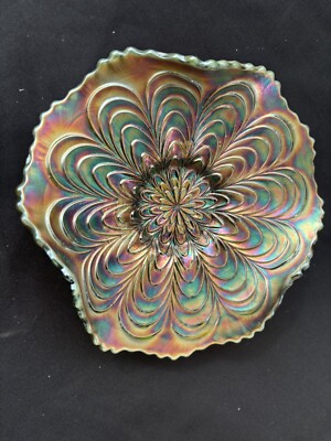 EXTREMELY RARE Fenton 6'' GREEN OPAL Edge Peacock Tail Tri Corner Plate