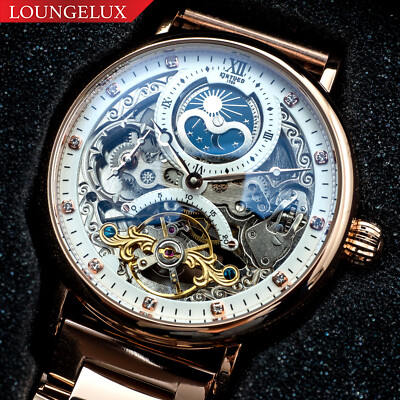 Mens Dual Time Flywheel Automatic Mechanical Watch Rose Gold Stainless Steel