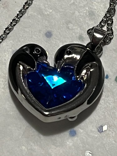 Penguins around a Blue Crystal Heart Steampunk Silver Plated Necklace - Picture 8 of 10