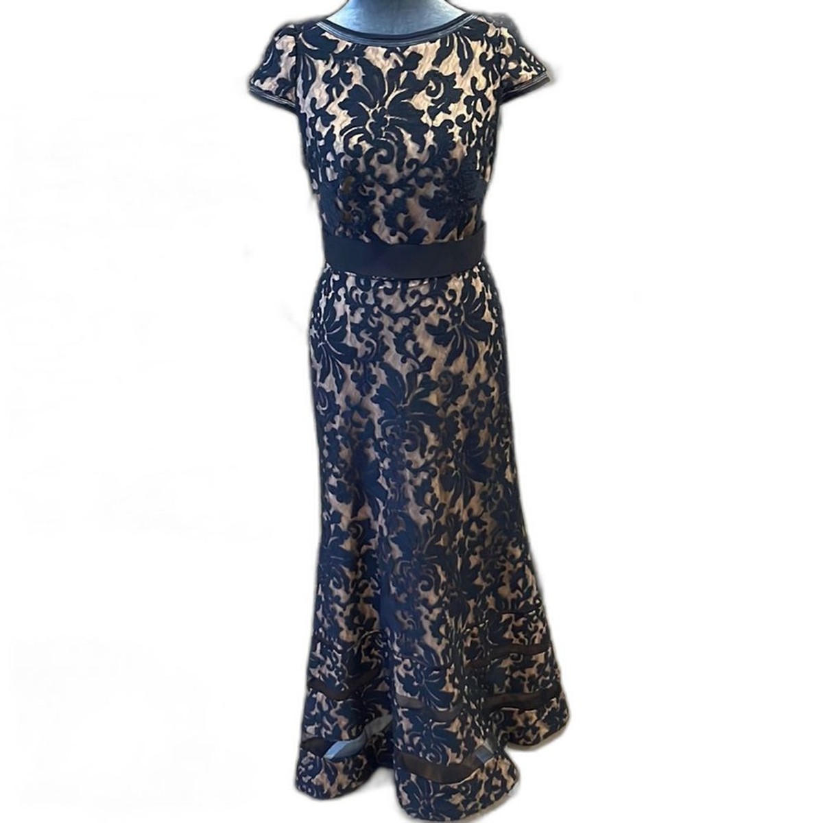 Tadashi Shoji Navy Lace Overlay Cap Sleeve Gown | eBay 