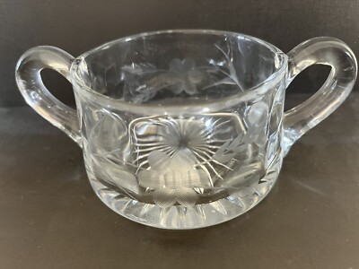Double Handled Open Sugar Floral Leaves Etched Glass Vintage