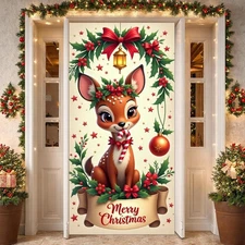 Merry Christmas Door Cover, Elk Hanging Backdrop Style 10 