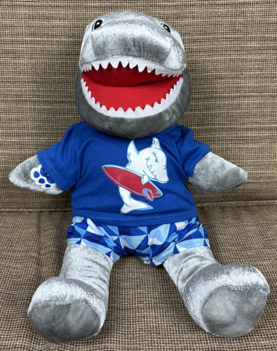 15" Build A Bear Shark Toothy Gray Plush in T-shirt & Swim Trunks HTF Shark Week - Picture 1 of 15