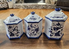 Blue Bliss Susan Winget Cracker Barrel Canister Set Of Three Complete Vintage
