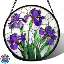 JOSUMALY Stained Glass Window Hanging - Purple Iris Flower Sun Catcher for Do