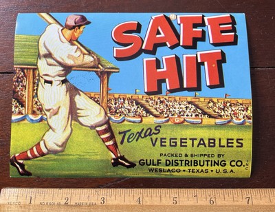 NOS Safe Hit Texas Vegetable Label, Gulf Distributing, Baseball