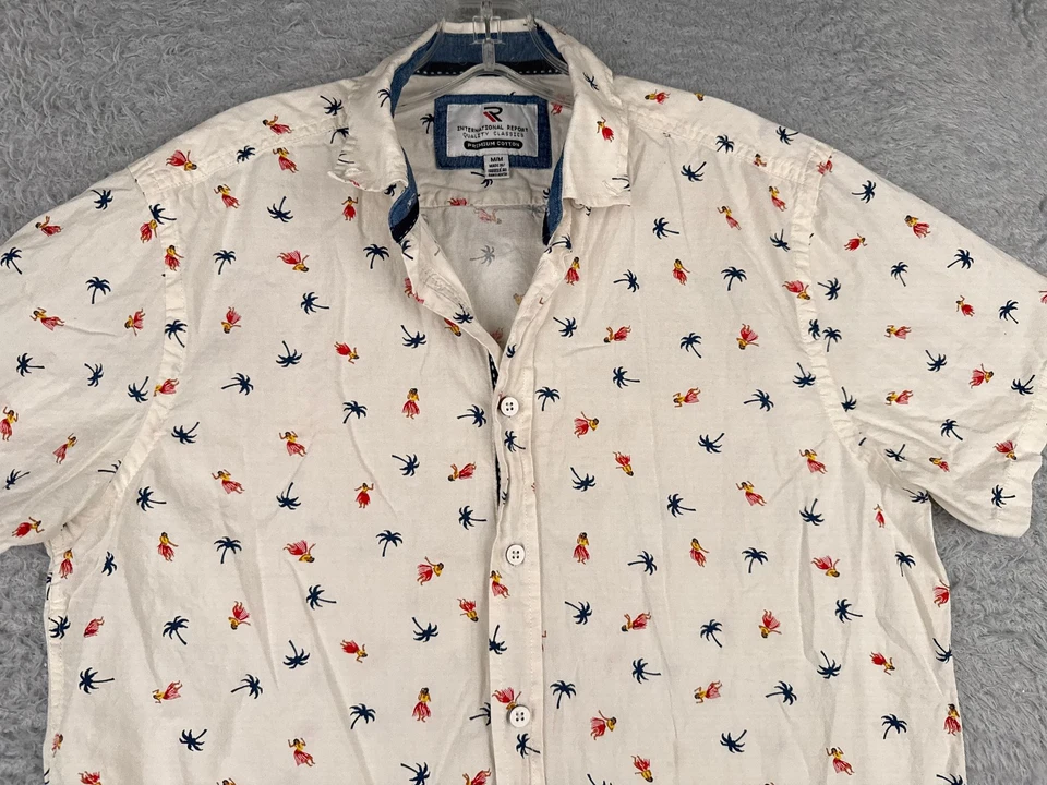 international Report Shirt Men Medium White Palm Tree Luau Girl Hawaiian Cotton - Image 4 of 4
