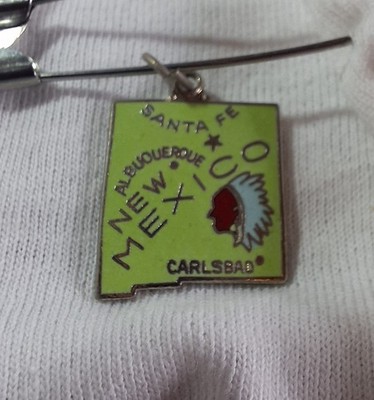 Vintage New Mexico Enamel Silver Tone Map Charm Pendant Travel Souvenir
