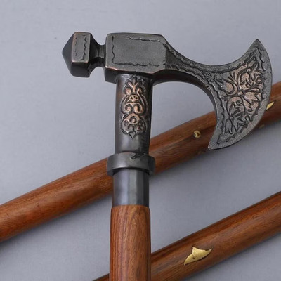 Viking Axe Head Walking Cane: Handmade Norse Medieval Staff