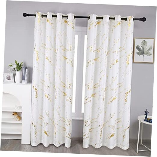  Gold Foil Print Linen Textured Curtains 52"W x 84"L (Pack of 2) Off White/Gold