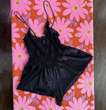 Vintage 80s Black Nylon  Lace Teddy L Bodysuit