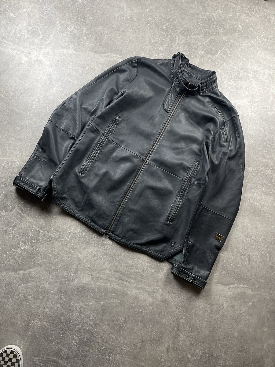 G-Star RAW Dark Navy Gray Moto Jacket Genuine Leather Moto Jacket