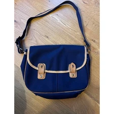 Vintage Navy Nylon Messenger Bag w Leather Trim | Adjustable Strap Utility Style