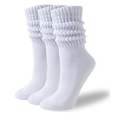 Women's Scrunch Crew Socks, 3 Pairs Cozy Retro Thick Slouchy Socks 01-white