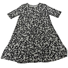 Old Navy Womens Large Black White Floral Rayon Swing Dress Elbow Sleeve