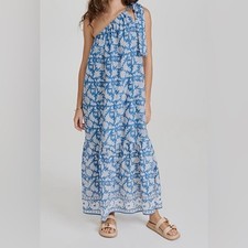 Velvet by Graham & Spencer Hand Block Print Maci One Shoulder Floral Blue Dress