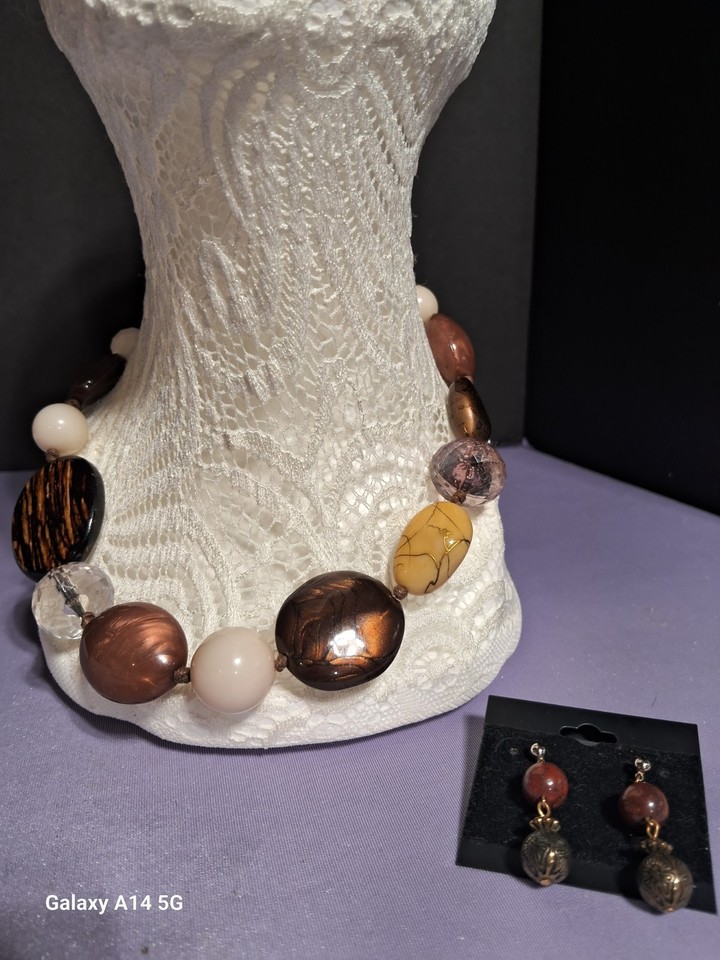 Vtg Honey Amber Necklace Earrings Set Simulated Wood Brown & Nude | eBay