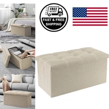 Beige Linen Folding Storage Ottoman Bench Modern Design for Living Room Bedroom