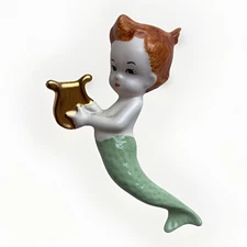 Vintage Mermaid Ceramic Wall Plaque Hanging Harp Bath Decor Green Red Hair *FLAW