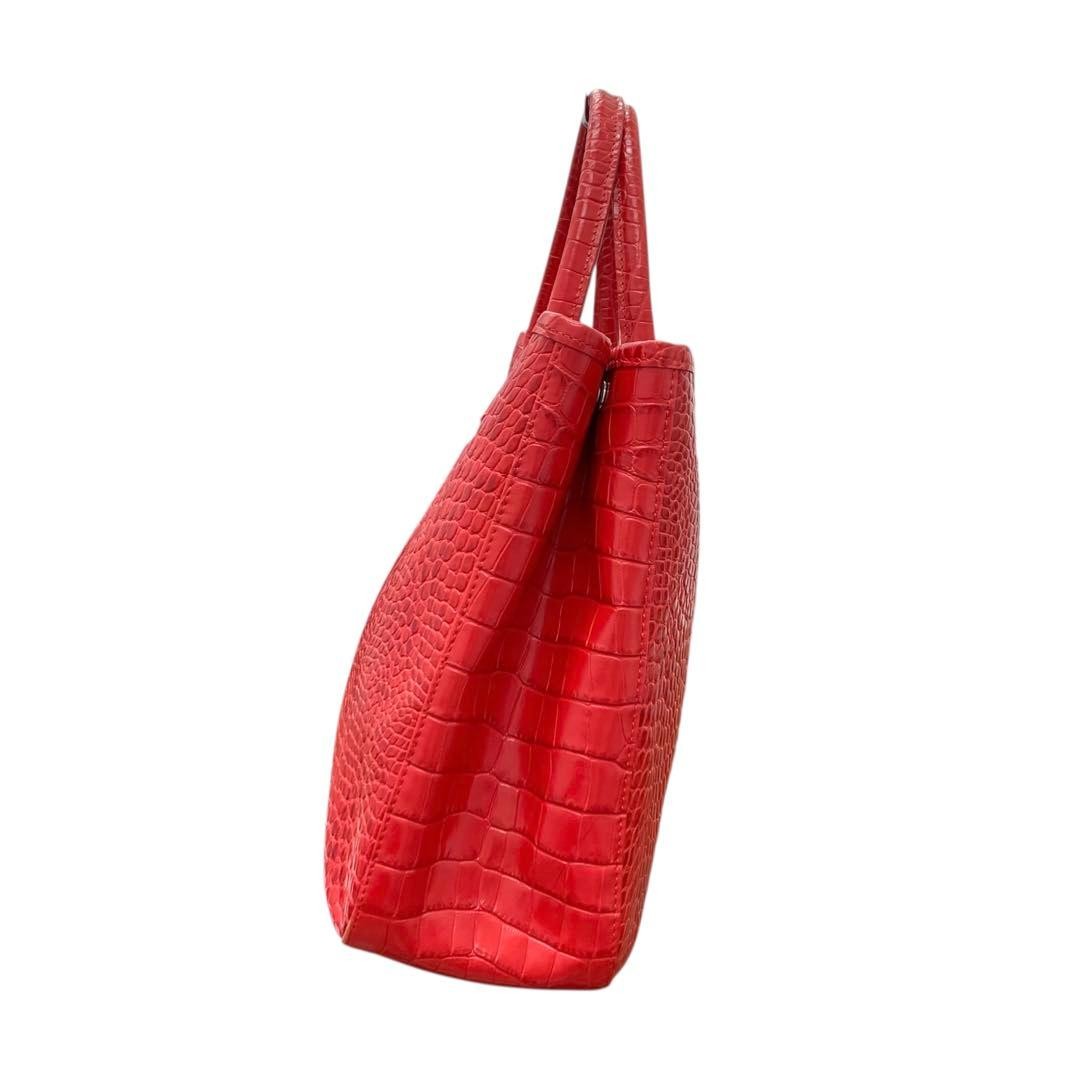 Longchamp Rozo Tote Handbag Red Croc Embossed Leather 2000s Authentic image 4