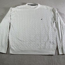 Nautica Sweater Mens Large White Cable Knit Crewneck Cotton Pullover Casual