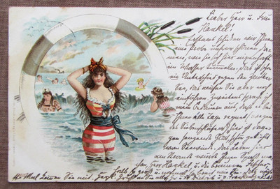 Vom Seebad HORST, Pommern - Frau im Badeanzug, Lithographie - nach Zeuthen 1899