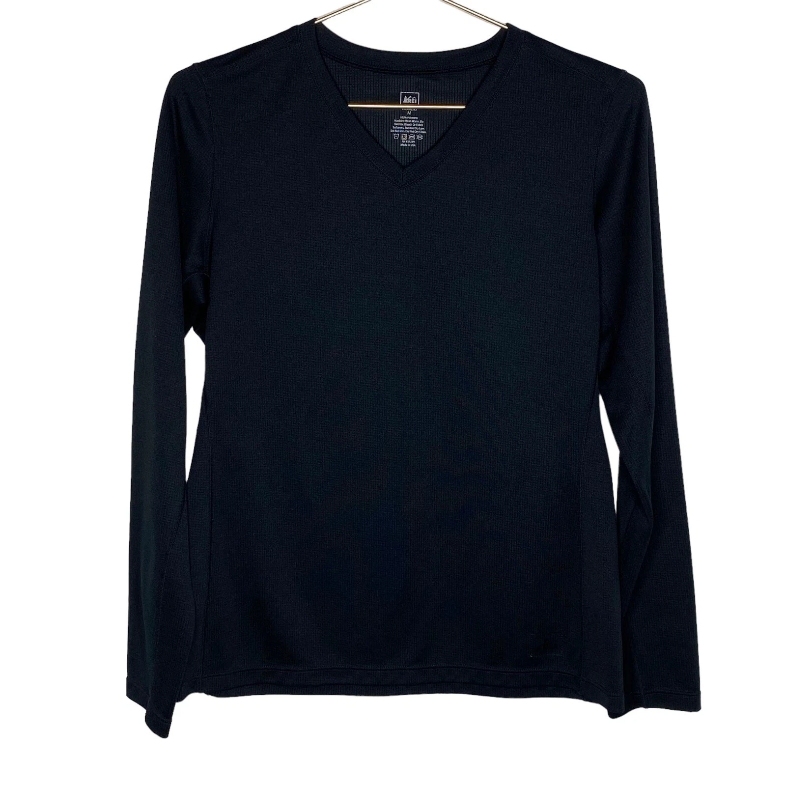REI Womens Medium Black V Neck Activewear Top Polartec Long Sleeve Base Layer