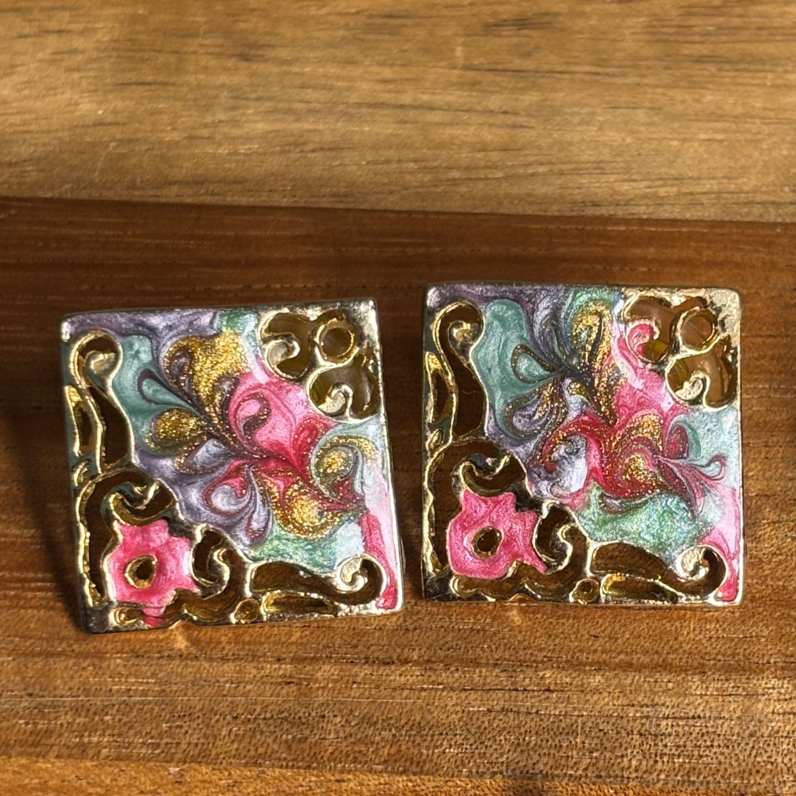 Vintage Enamel Square Stud Statement Earrings Col… - image 2