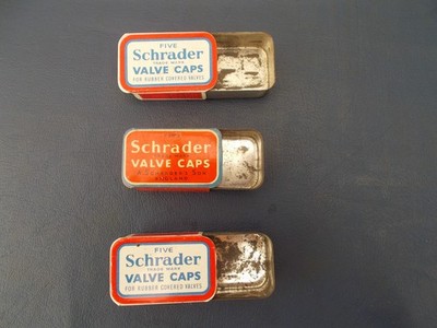 3x Vintage Sammlerstück Schrader Ventilkappen Dose (leer, 4cm x 2,5cm)
