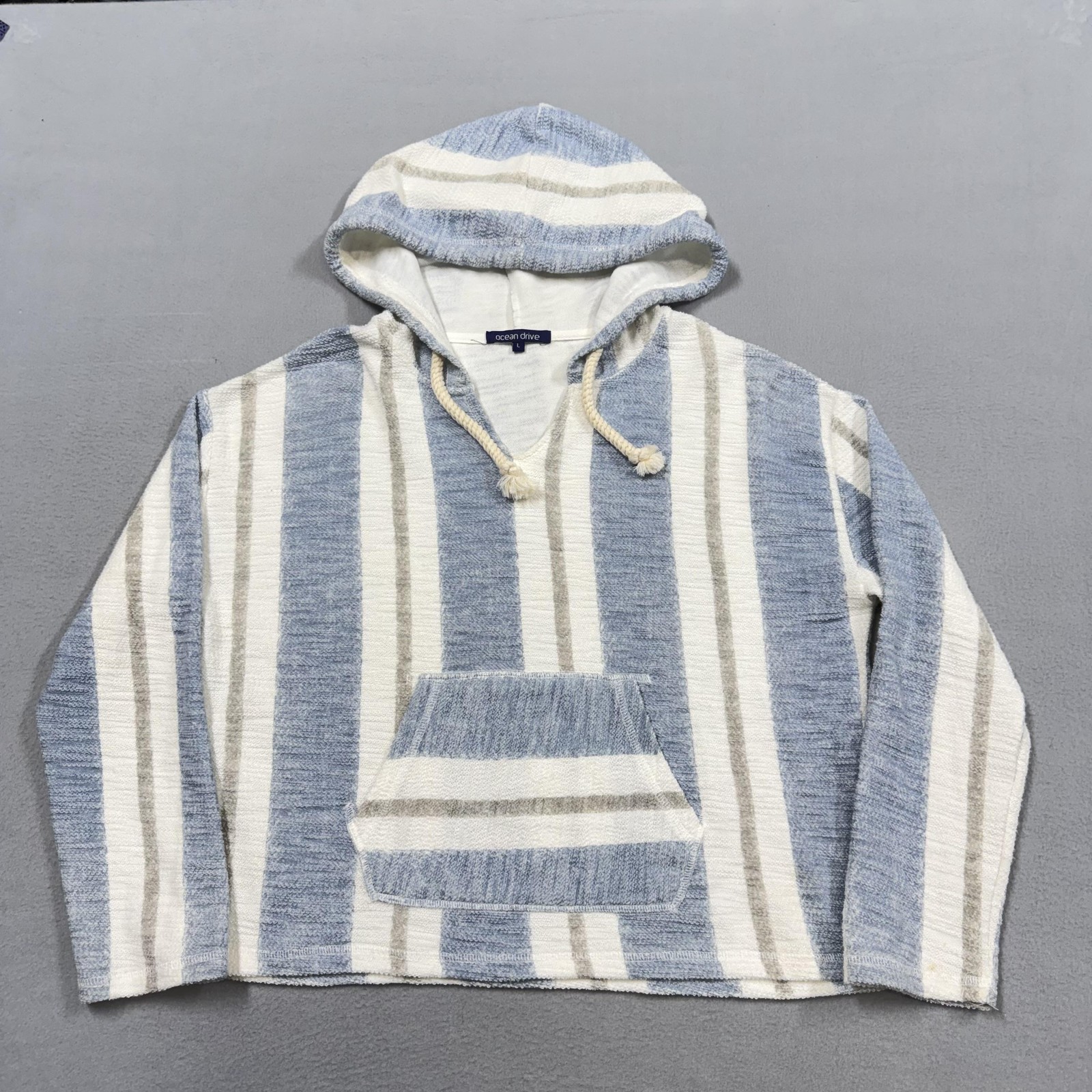 Ocean Drive Shirt Womens Large Blue Striped Hooded Baja Beach Pullover