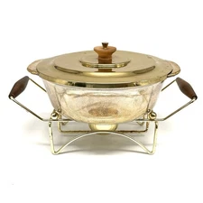 MCM Fire King Chafing Dish Gold Tone Metal With Wood Handles