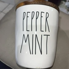 Rae Dunn “ Peppermint “ Storage Container, Ceramic,Wooden Top- HTF, White